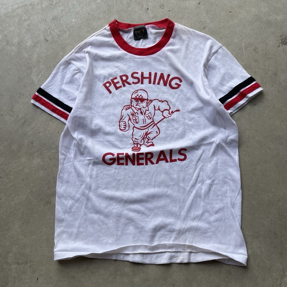 Vintage 70s Pershing Generals Ringer T Shirt USA Made TNT Mascot Red White Small